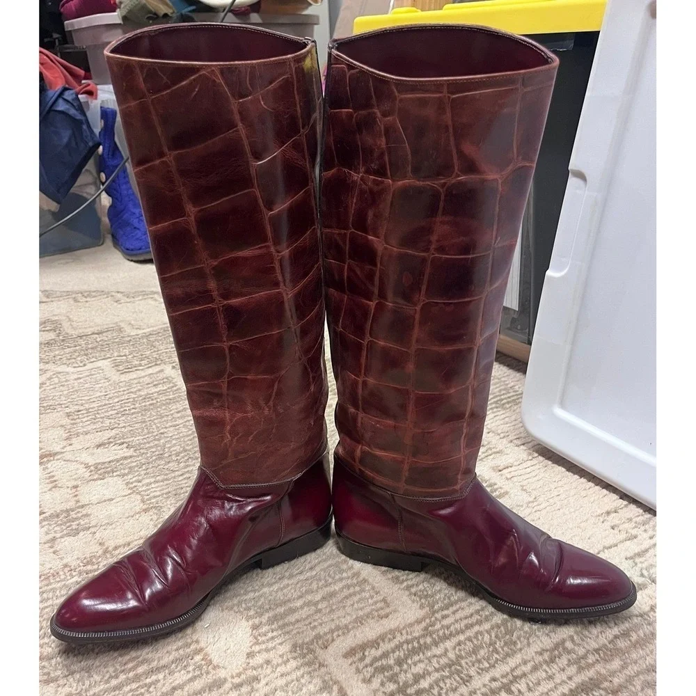 Sandra Gibellini Vintage Women's Burgundy 100% Leather Croc Knee High Boots EU37